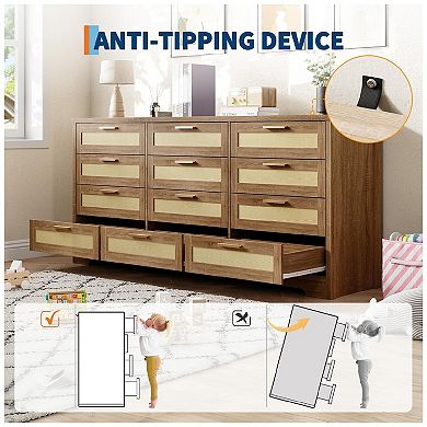 Modern Rattan Wood Dresser with 12 Drawers for Bedroom Storage