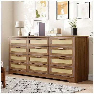 Modern Rattan Wood Dresser with 12 Drawers for Bedroom Storage
