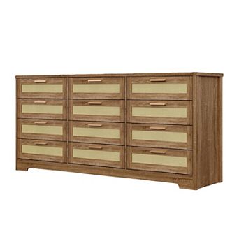 Modern Rattan Wood Dresser with 12 Drawers for Bedroom Storage