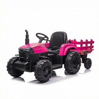 ANIXOL 12V Kids Ride-On Tractor with Trailer, Dual Motors, LED Lights, USB Music