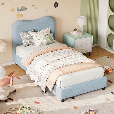 Bed Frame with Velvet Upholstered Headboard, Cute Low Profile Platform Bed for Girls and Boys