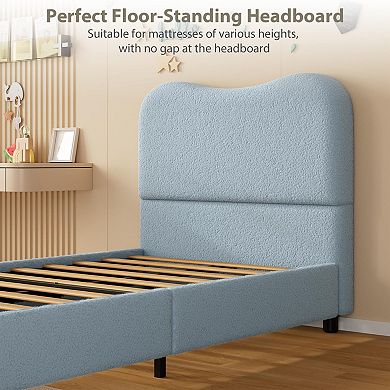 Bed Frame with Velvet Upholstered Headboard, Cute Low Profile Platform Bed for Girls and Boys