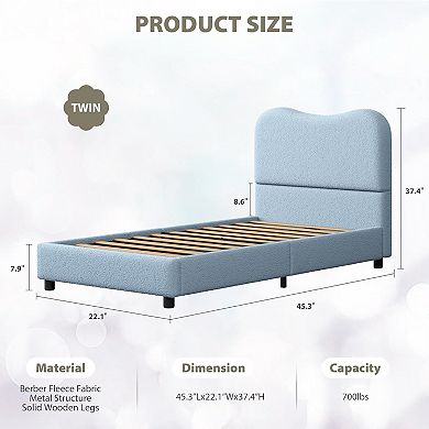 Bed Frame with Velvet Upholstered Headboard, Cute Low Profile Platform Bed for Girls and Boys