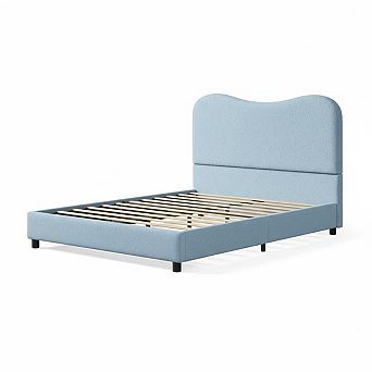 Bed Frame with Velvet Upholstered Headboard, Cute Low Profile Platform Bed for Girls and Boys