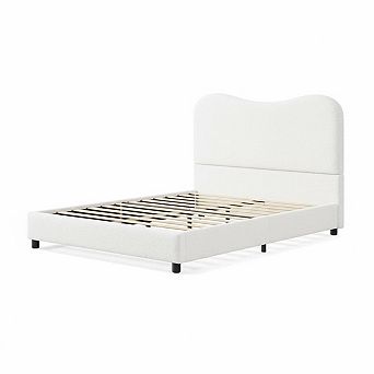 Bed Frame with Velvet Upholstered Headboard, Cute Low Profile Platform Bed for Girls and Boys