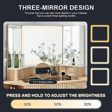 48" Makeup Vanity Desk with 3-Color Lighted Mirror, Glass Top & Type-C Charging