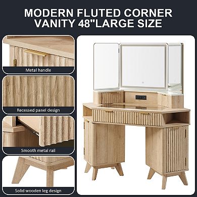 48" Makeup Vanity Desk with 3-Color Lighted Mirror, Glass Top & Type-C Charging