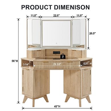 48" Makeup Vanity Desk with 3-Color Lighted Mirror, Glass Top & Type-C Charging
