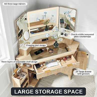 48" Makeup Vanity Desk with 3-Color Lighted Mirror, Glass Top & Type-C Charging