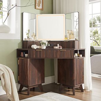 48" Makeup Vanity Desk with 3-Color Lighted Mirror, Glass Top & Type-C Charging