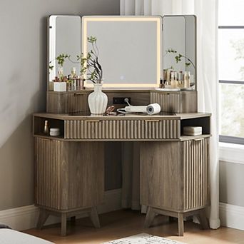 48" Makeup Vanity Desk with 3-Color Lighted Mirror, Glass Top & Type-C Charging