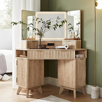 48" Makeup Vanity Desk with 3-Color Lighted Mirror, Glass Top & Type-C Charging