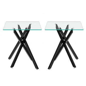 CEWOR 2 pc Modern Square Glass Edge Table,Clear Tempered
