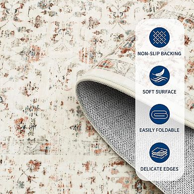 Washable Vintage Floral Rug - Non-Slip Low Pile Foldable Mat for Home