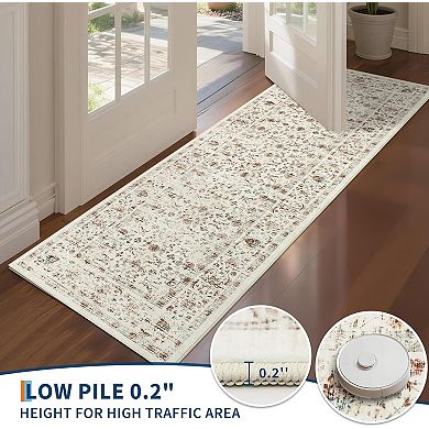 Washable Vintage Floral Rug - Non-Slip Low Pile Foldable Mat for Home