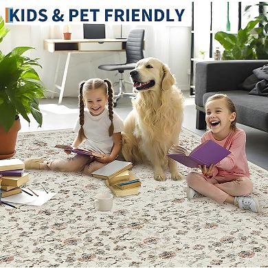 Washable Vintage Floral Rug - Non-Slip Low Pile Foldable Mat for Home