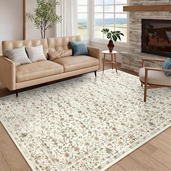 Washable Vintage Floral Rug - Non-Slip Low Pile Foldable Mat for Home