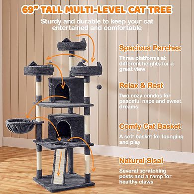 68.5in Multi-Level Cat Tower Condo Sisal Posts Wide Perches Play House