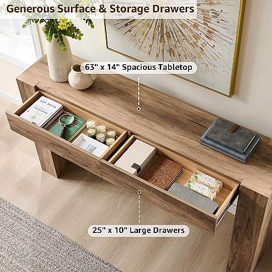 63" Long Console Table with Drawers, Modern Wood Entryway Sofa Table for Living Room Hallway