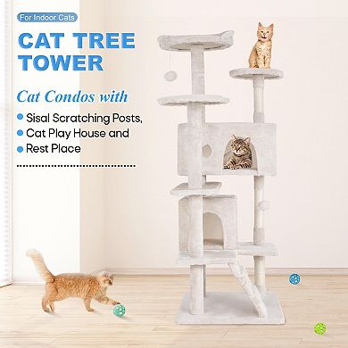54" Multi-Level Cat Tree Sisal Posts Condos Plush Perches Toys