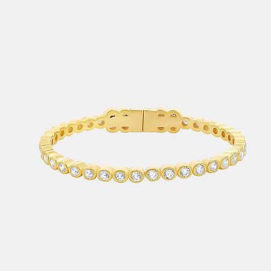 SHYMI Round Bezel Open Bangle — .925 Silver, 14K Gold-Plated, CZ