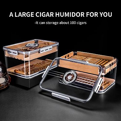 100-Cigar Clear Humidor Cedar Shelves Dual Humidifiers Hygrometer Airtight