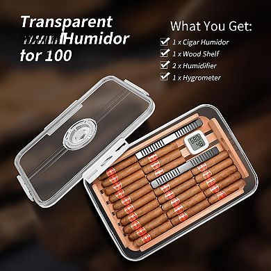 100-Cigar Clear Humidor Cedar Shelves Dual Humidifiers Hygrometer Airtight