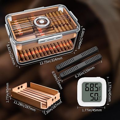 100-Cigar Clear Humidor Cedar Shelves Dual Humidifiers Hygrometer Airtight