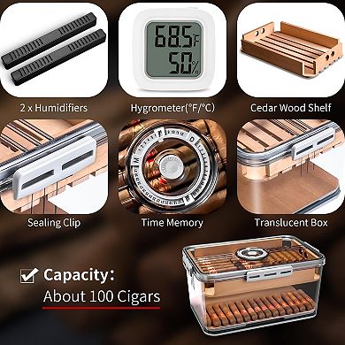 100-Cigar Clear Humidor Cedar Shelves Dual Humidifiers Hygrometer Airtight