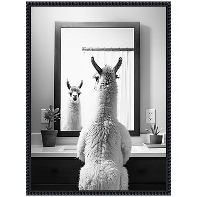 Sylvie Llama Bathroom Art Mirror Black and White Framed Canvas by The Creative Bunch Studio