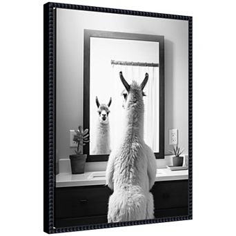 Sylvie Llama Bathroom Art Mirror Black and White Framed Canvas by The Creative Bunch Studio