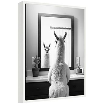 Sylvie Llama Bathroom Art Mirror Black and White Framed Canvas by The Creative Bunch Studio