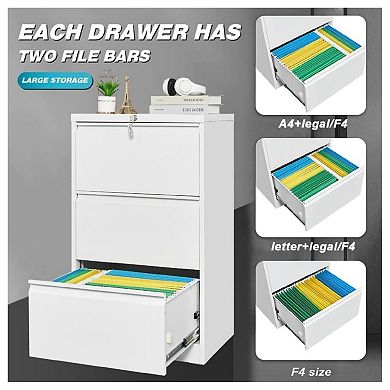 Lateral Steel Filing Cabinet with 3 Locking Drawers and Card Holder