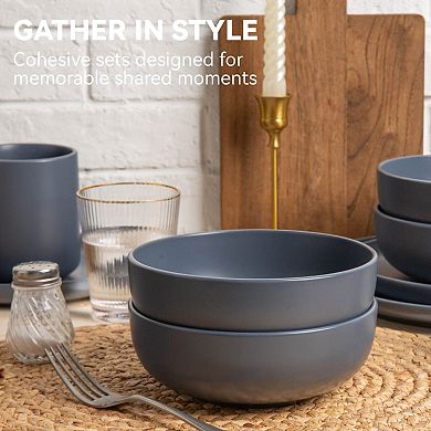 12-Piece Stoneware Dinner Plates Bowls Sets, Microwave Dishwasher Safe, Non-Toxic Kitchenware for 4