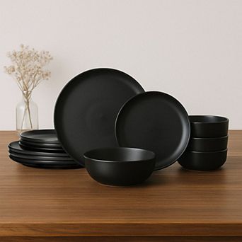 12 pc Stoneware Dinner Plates Bowls Sets, Microwave Dishwasher Safe, Non-Toxic Kitchenware for 4