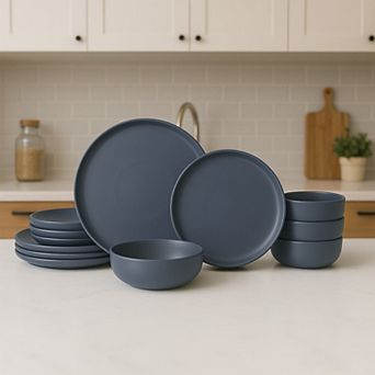 12 pc Stoneware Dinner Plates Bowls Sets, Microwave Dishwasher Safe, Non-Toxic Kitchenware for 4