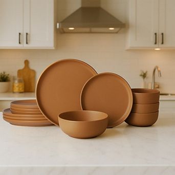 12 pc Stoneware Dinner Plates Bowls Sets, Microwave Dishwasher Safe, Non-Toxic Kitchenware for 4