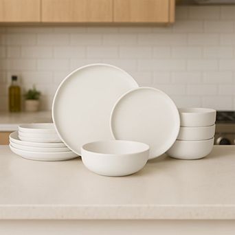 12 pc Stoneware Dinner Plates Bowls Sets, Microwave Dishwasher Safe, Non-Toxic Kitchenware for 4