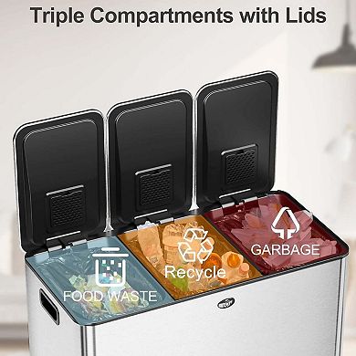 Triple Compartment Trash Can with Separated Lid - Foot Pedal Recycling Bin