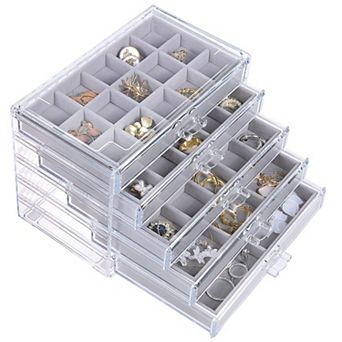 Clear 5-Drawer Jewelry Box Stackable Earring Organizer Gift