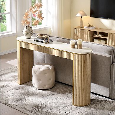 63" Fluted Console Table with Marble Top, Modern Entryway Sofa Table for Living Room