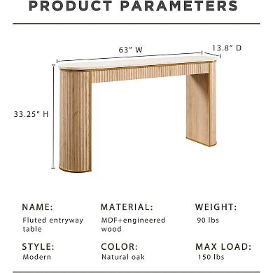 63" Fluted Console Table with Marble Top, Modern Entryway Sofa Table for Living Room
