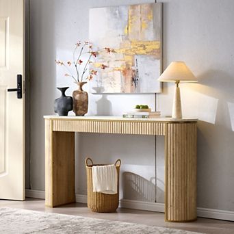 63" Fluted Console Table with Marble Top, Modern Entryway Sofa Table for Living Room