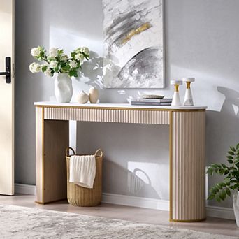 63" Fluted Console Table with Marble Top, Modern Entryway Sofa Table for Living Room