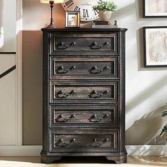 48" Farmhouse 5-Drawer Dresser, Rustic Wood Chest with Roman Handles for Bedroom Living Room