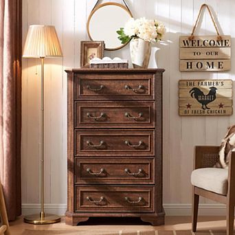 48" Farmhouse 5-Drawer Dresser, Rustic Wood Chest with Roman Handles for Bedroom Living Room