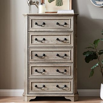 48" Farmhouse 5-Drawer Dresser, Rustic Wood Chest with Roman Handles for Bedroom Living Room