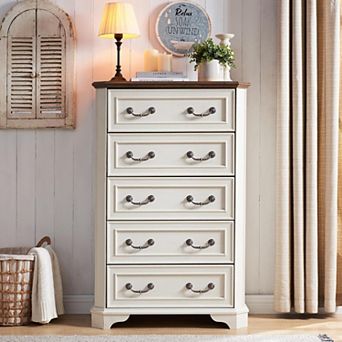 48" Farmhouse 5-Drawer Dresser, Rustic Wood Chest with Roman Handles for Bedroom Living Room