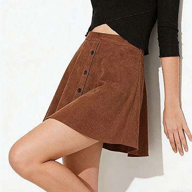 Women's Corduroy Mini Skirt High Waisted Button Front Flared A Line Casual Short Skirt
