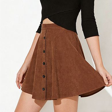 Women's Corduroy Mini Skirt High Waisted Button Front Flared A Line Casual Short Skirt